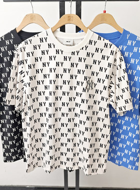 MLB短袖男女同款2024春夏新款NY满印老花情侣运动T恤3ATSM0843