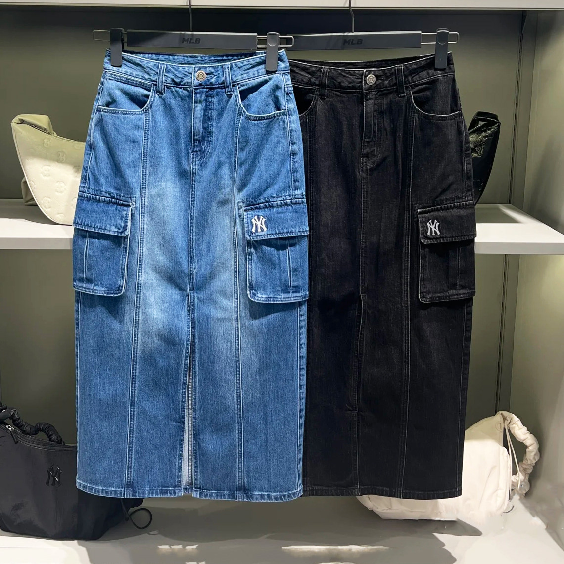 MLB新款NY復古開衩工裝牛仔裙