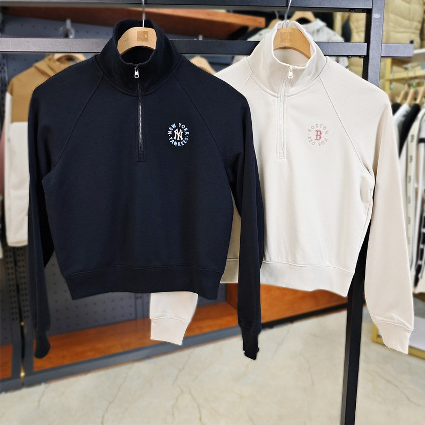 MLB女士卫衣秋冬款NY小标翻领半拉链宽松运动上衣套头衫3FMTB0344