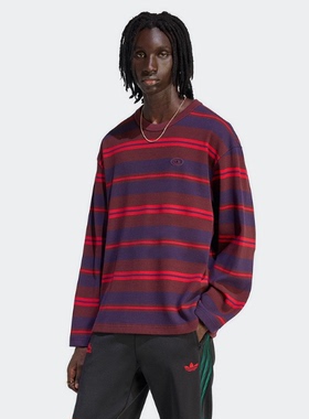 Adidas三叶草男子街头风华夫格条纹运动休闲长袖T恤KS6847/KS6849