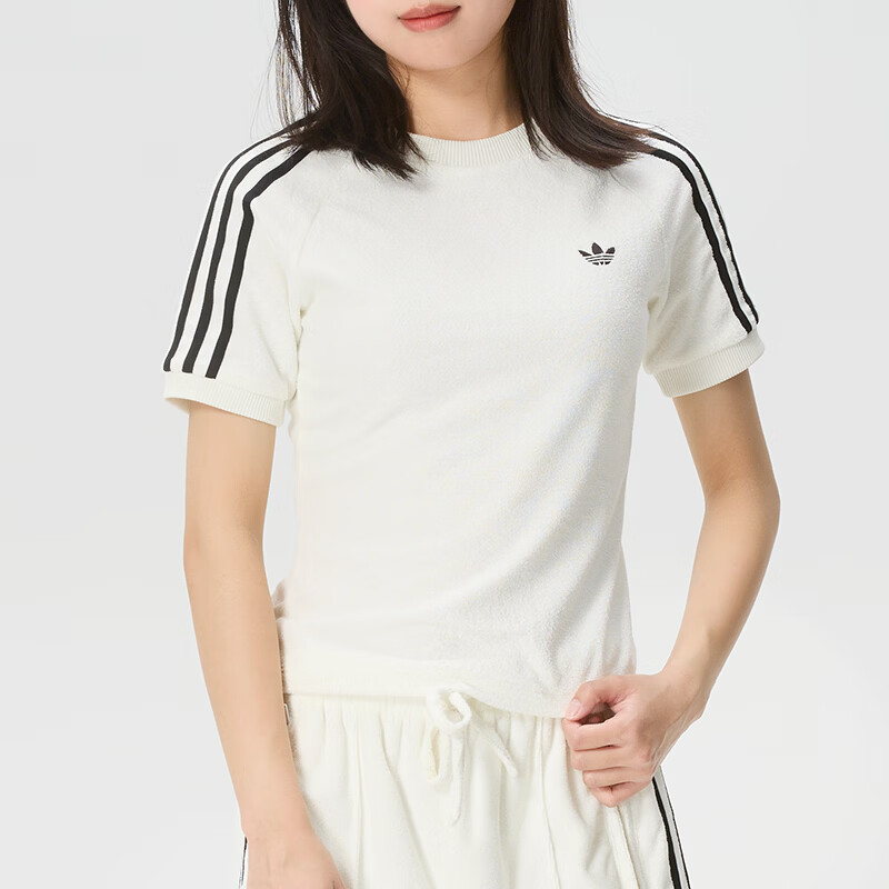 阿迪达斯三叶草女毛巾绒短袖T恤图片