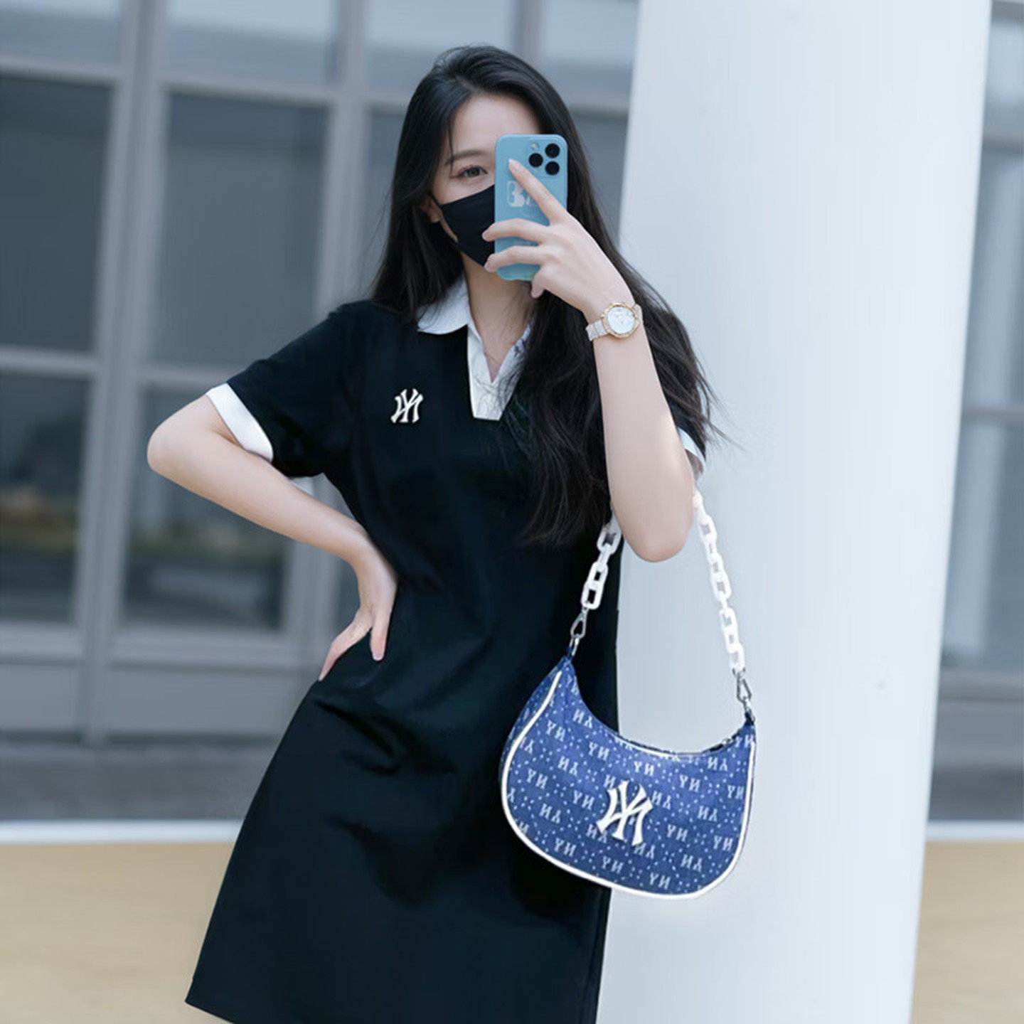 MLB女款运动裙子夏季新款NY老花百搭休闲翻领短袖连衣裙3FOPB0343