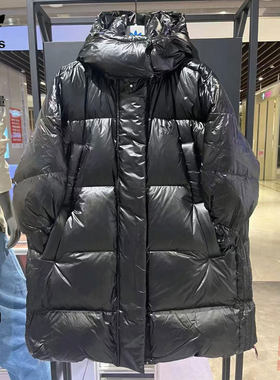 Adidas阿迪达斯三叶草女子秋冬时尚亮面运动连帽长款羽绒服IR7119