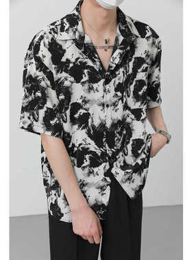 轻奢韩国宽松高级垂感短袖扎染衬衫男装潮流痞帅水墨免烫衬衣潮