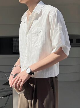 痞帅衬衫男短袖夏季冷淡风男装高级感宽松垂感五分袖白色立领衬衣