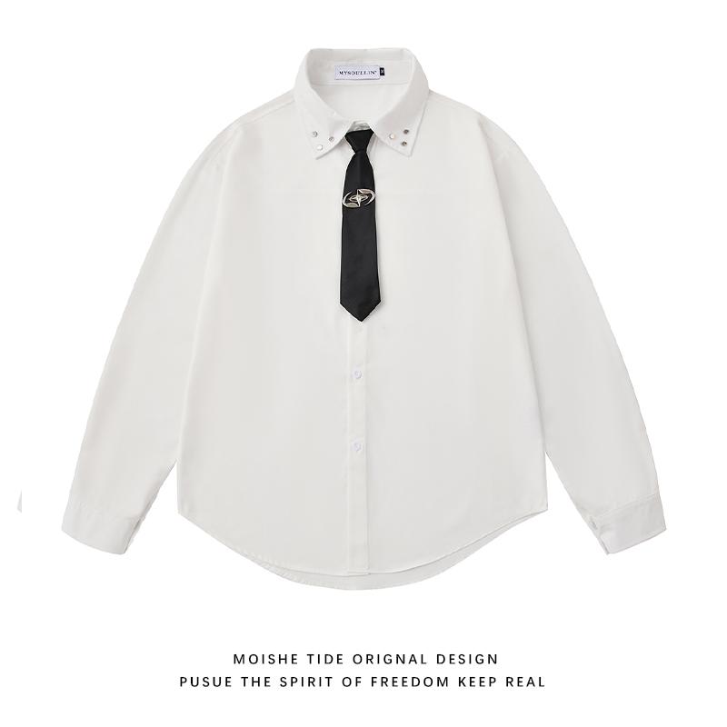 美式潮牌白色高级感衬衫领带