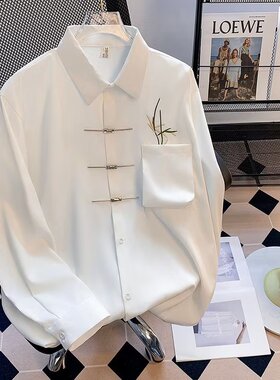 成毅同款衬衫男长袖中国风白色衣服新中式翠竹刺绣衬衣男女慵懒风