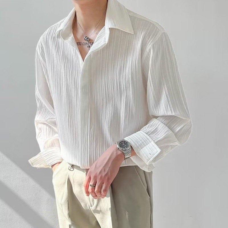 韩版纹理暗扣褶皱春夏季长袖衬衣