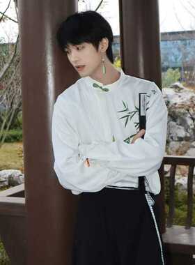 新中式男装中国风翠竹印花长袖衬衫男款改良版汉服清冷感禅意上衣