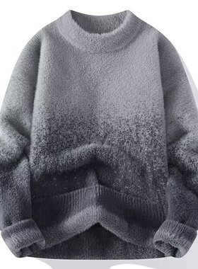 新款休闲慵懒风渐变色圆领水貂绒毛衣男秋冬季宽松加厚保暖针织衫