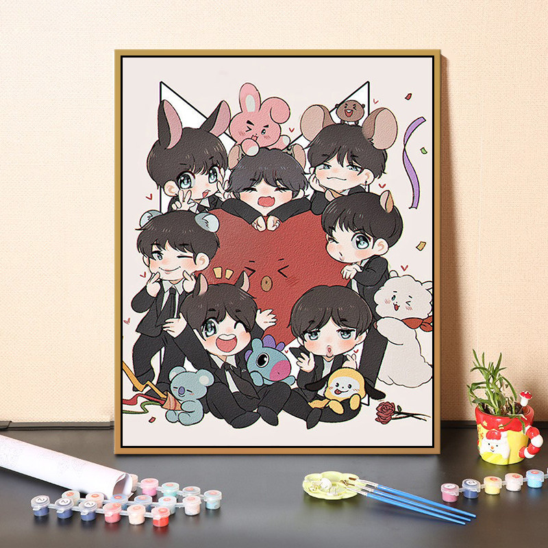 bts防弹少年团动漫q版卡通明星爱豆diy数字油画填色金泰亨 闵玧其