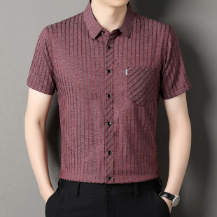 美式 衬衫 复古新款 半袖 衬衣 免烫男士 上衣中年宽松条纹爸爸时尚 短袖
