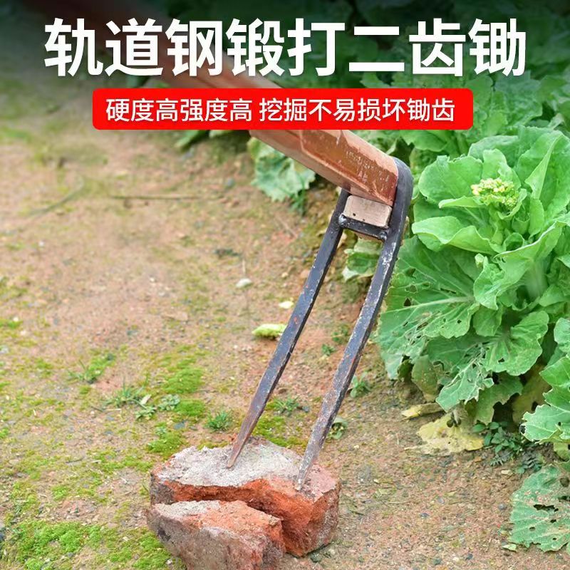 热销农用全钢长把二齿锄头两用挖土开荒种菜开垦种地农具三齿农用