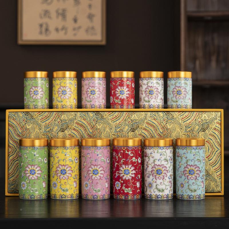珐手彩缠枝莲茶叶罐2342322家用陶琅瓷防潮密封罐便携旅储物罐茶