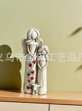 创意亲子雕像面摆件 画治261愈系家庭人物天使妈和女儿妈树脂雕像
