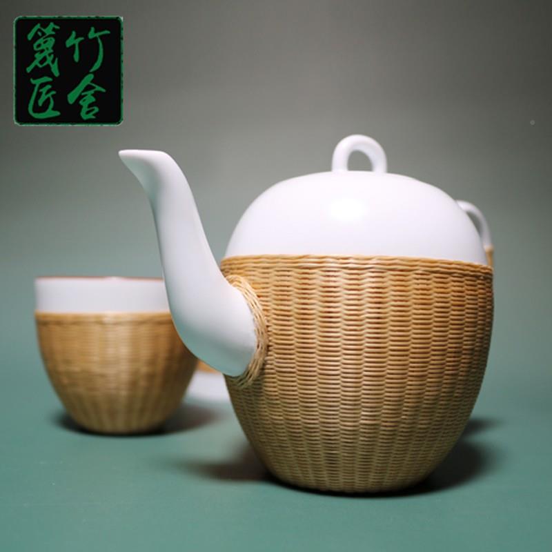 瓷胎竹编功夫茶具套壶二杯白一瓷快客杯匠装人EW8V8I3c竹礼丝扣瓷