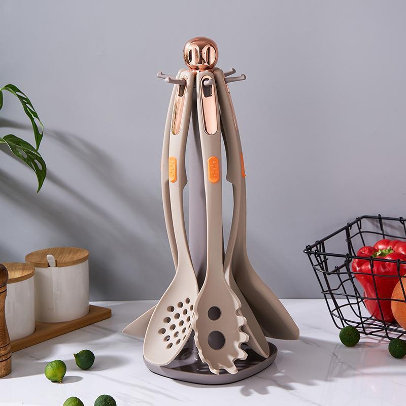 工厂现货 厨房烹饪勺件铲7件套 胶套硅厨具7套带收纳架硅胶厨具装