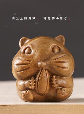 圆嘟可爱小仓鼠D檀I嘟Y绿木雕刻动宠茶桌公桌面艺铭仙苑趣味小摆