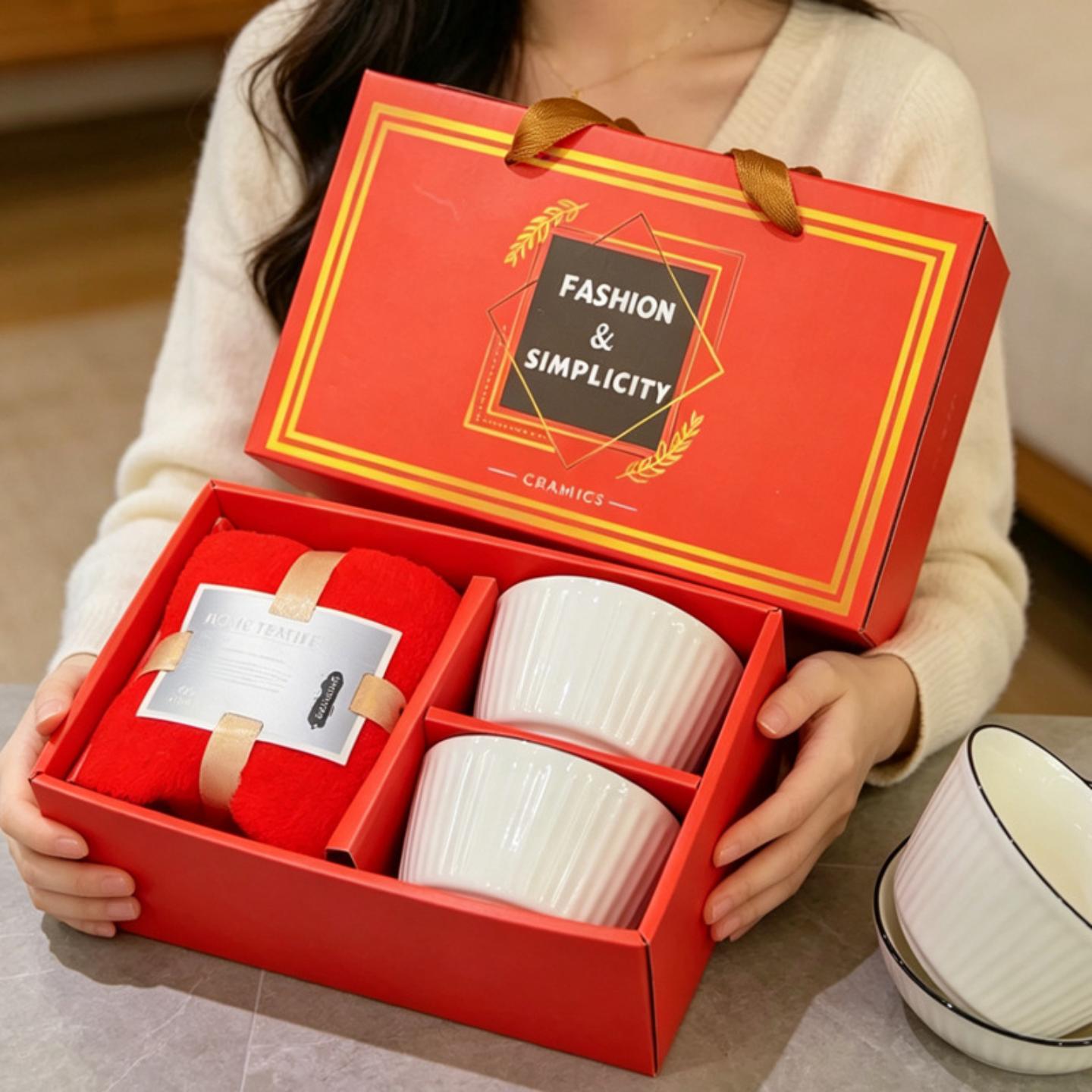 轻奢复古竖纹碗毛巾套装会销婚庆