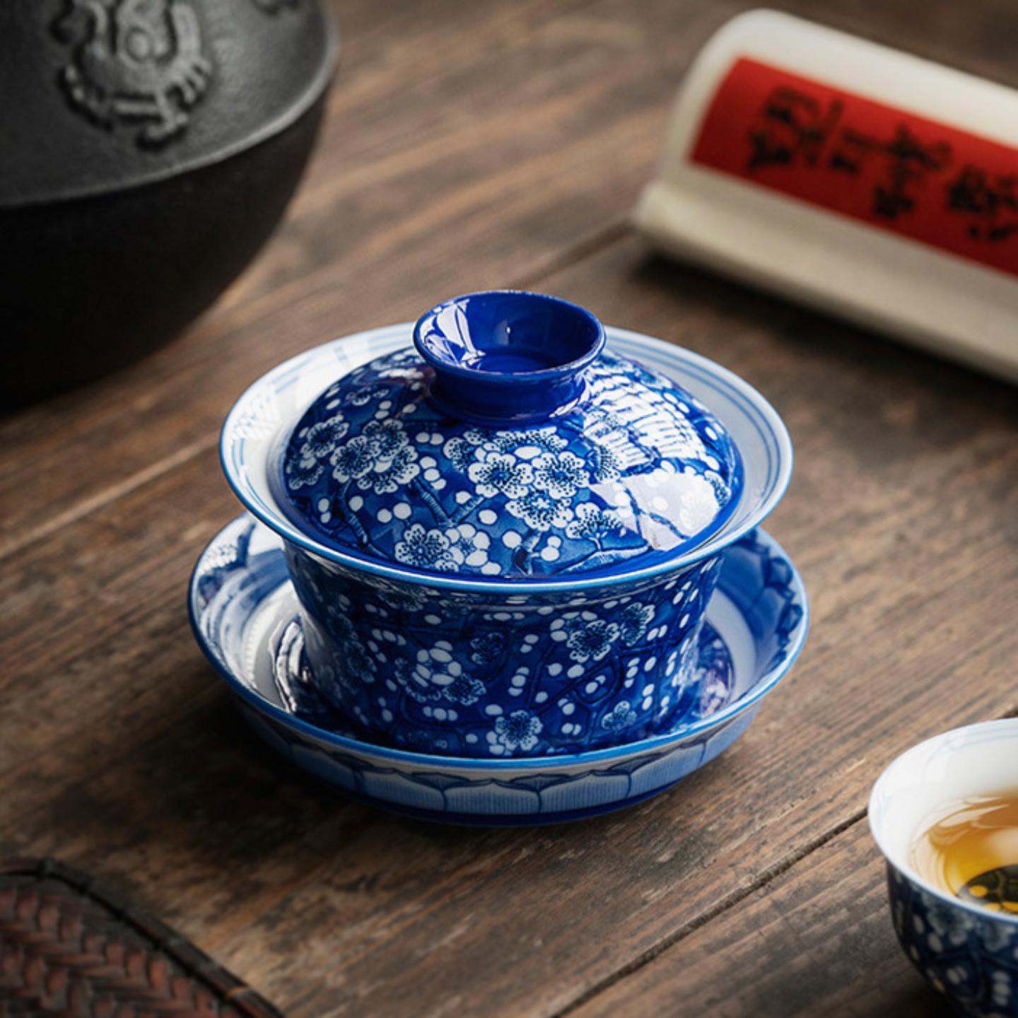 青花冰梅盖碗陶瓷功夫茶具三才