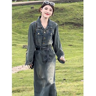 时尚织织做旧大码788胖妹韩版复古港风收腰宽松牛仔裙子连衣裙