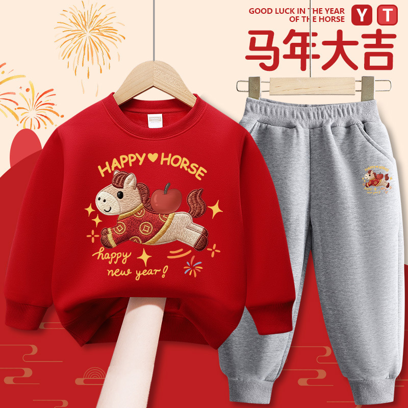 拜年服儿童加绒红色卫衣