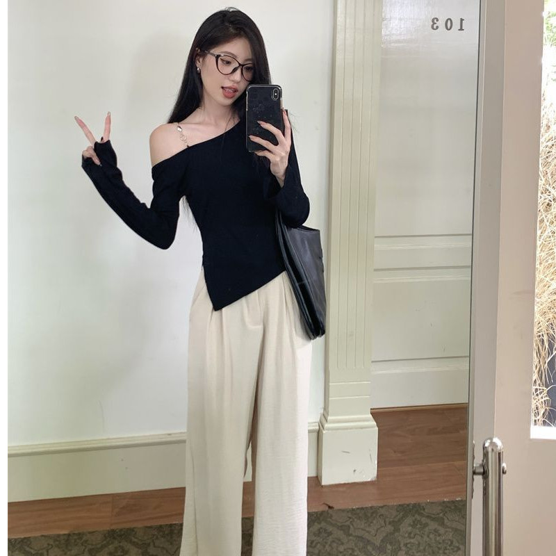 斜肩链条一字肩长袖T恤女春季修身显瘦高级感内搭打底衫露肩上衣