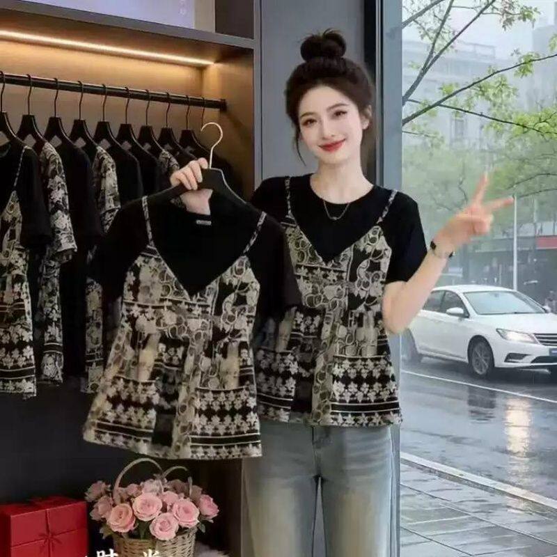 短袖个性印花女拼接假两件上衣