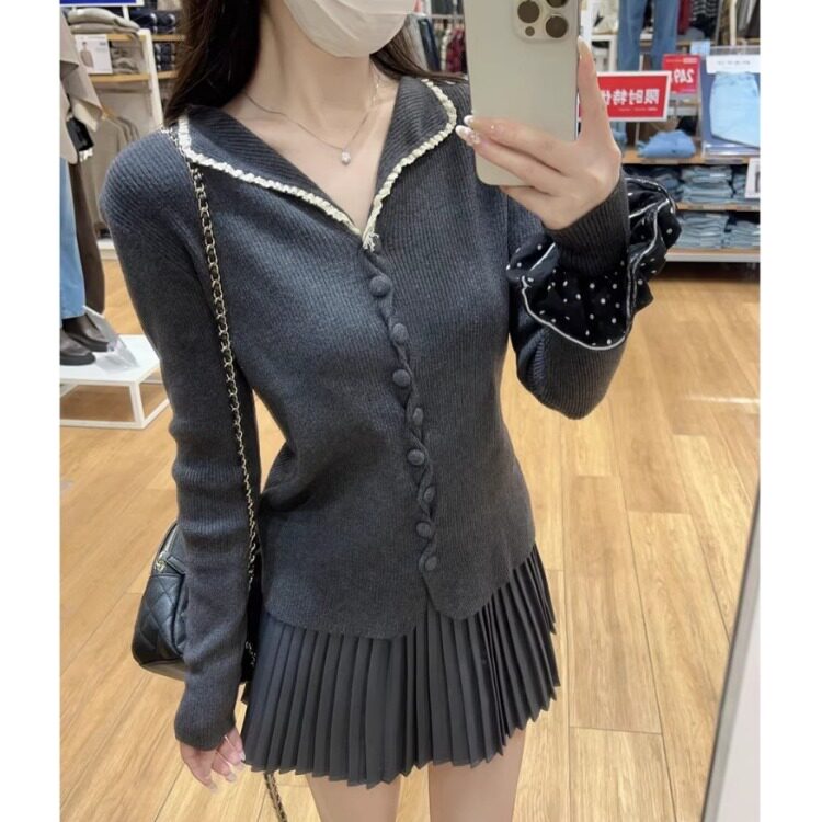 单排扣翻领毛针织衫修身显瘦打底