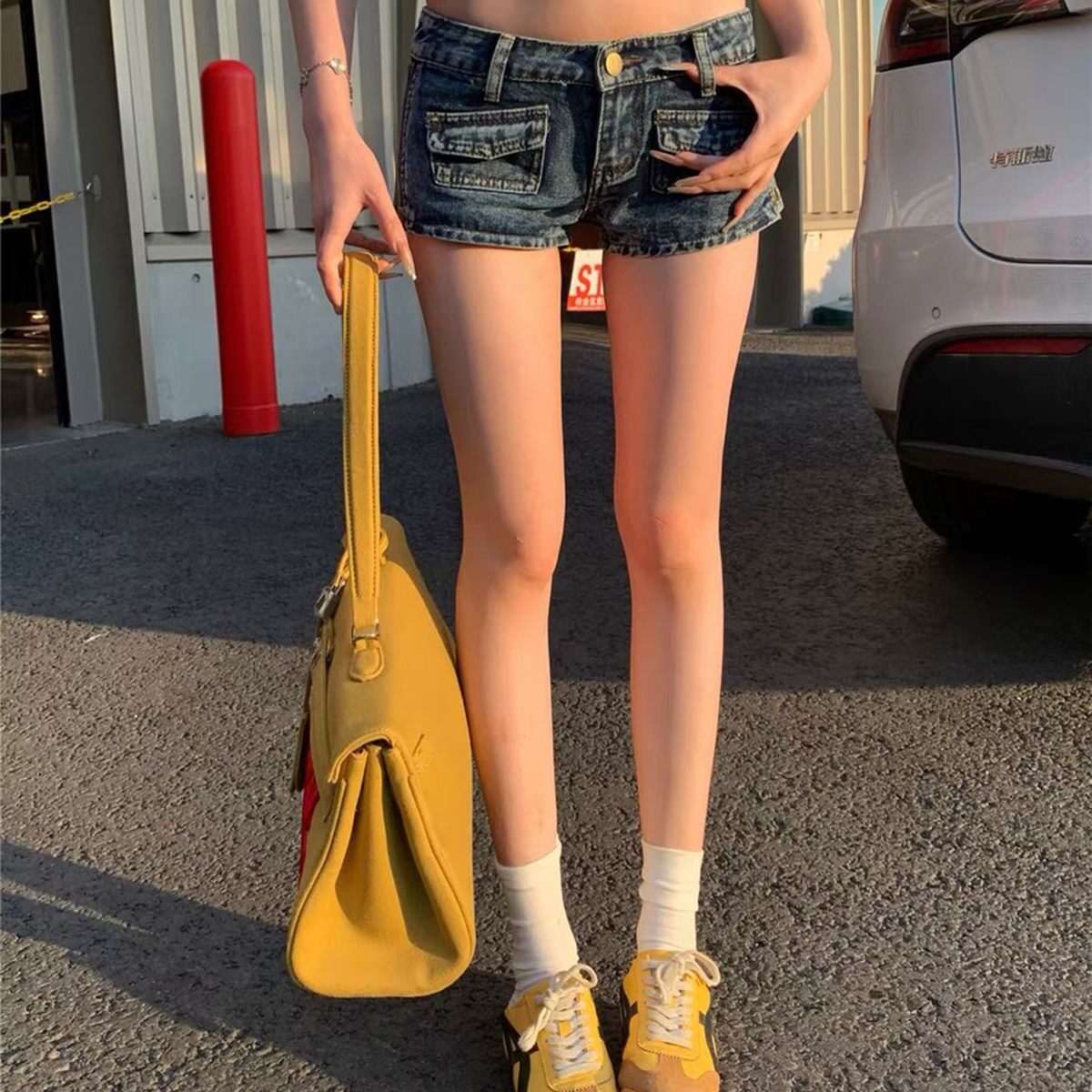 美式辣妹低腰侧边拉链设计牛仔超短裤女夏性感修身显腿长a字热裤