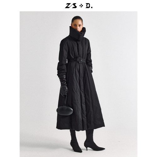 ZEUSELEN 墨衿｜腰带收腰长款醋酸鹅绒服162A379Z