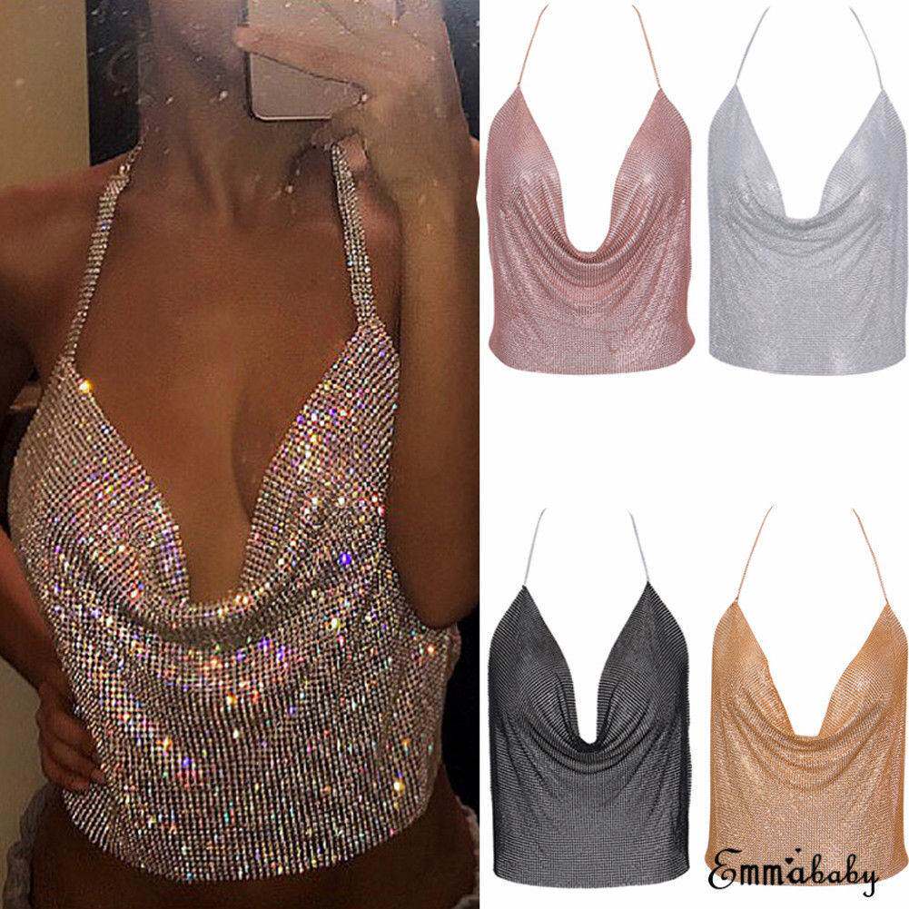 tyle Sleeveless Strapless Sequined Solid Loose Backless Tops