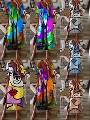V-neck loose long-sleeved cotton and linen dress women连衣裙