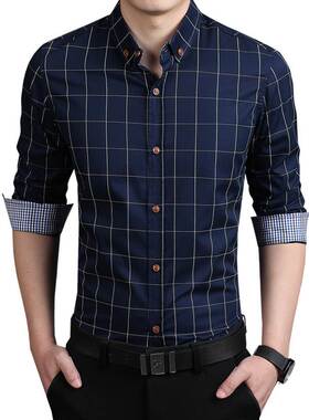 Men's flannel plaid shirt Casual Long Sleeve Shirts 男士
