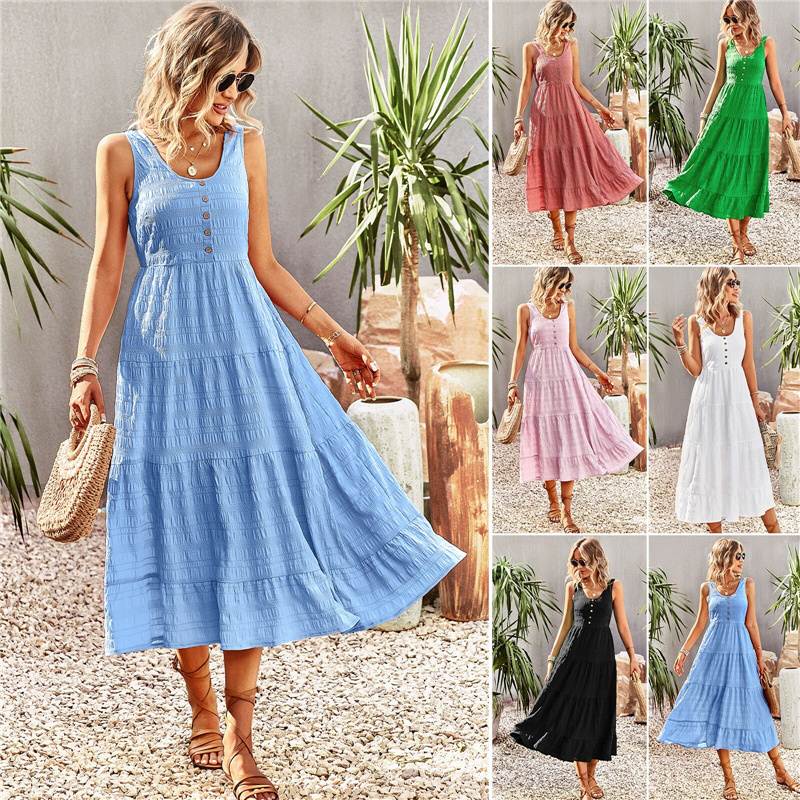 蓝色长裙女连衣裙 Women Summer Solid Sling U Neck Long Dress