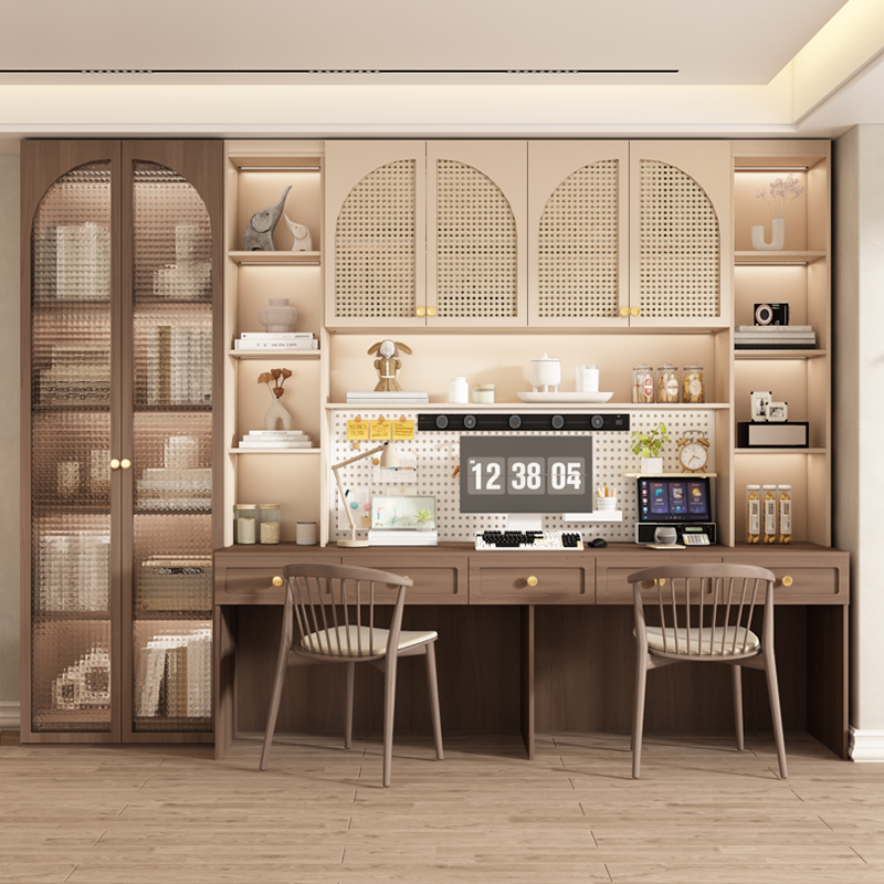 中古藤编双人书桌书柜一体整墙