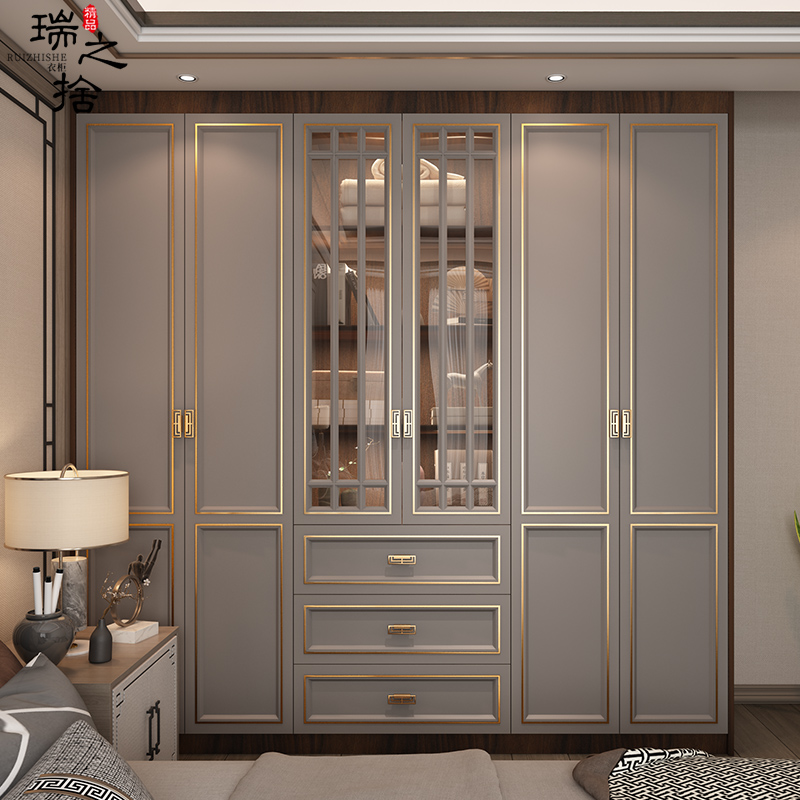现代新中式整体衣柜轻奢家用卧室实木大衣橱平开门转角衣帽间定制