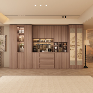 实木餐边柜靠墙一体储物柜宋式美学客厅多功中古能茶水柜酒柜定制