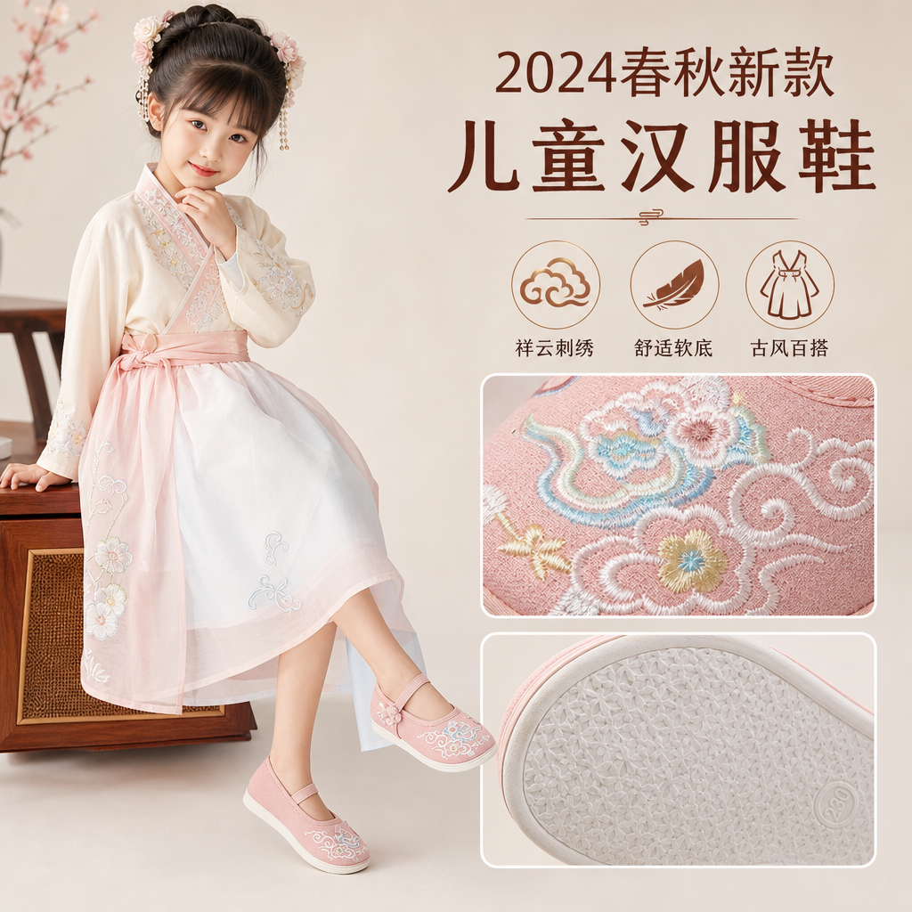 2024春秋新款儿童汉服鞋古风女童绣花鞋中国风祥云男童古装演出鞋