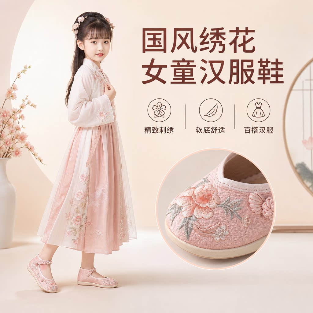 新款女童布鞋古风新中式国风绣花童鞋古装刺绣民族风儿童汉服鞋子