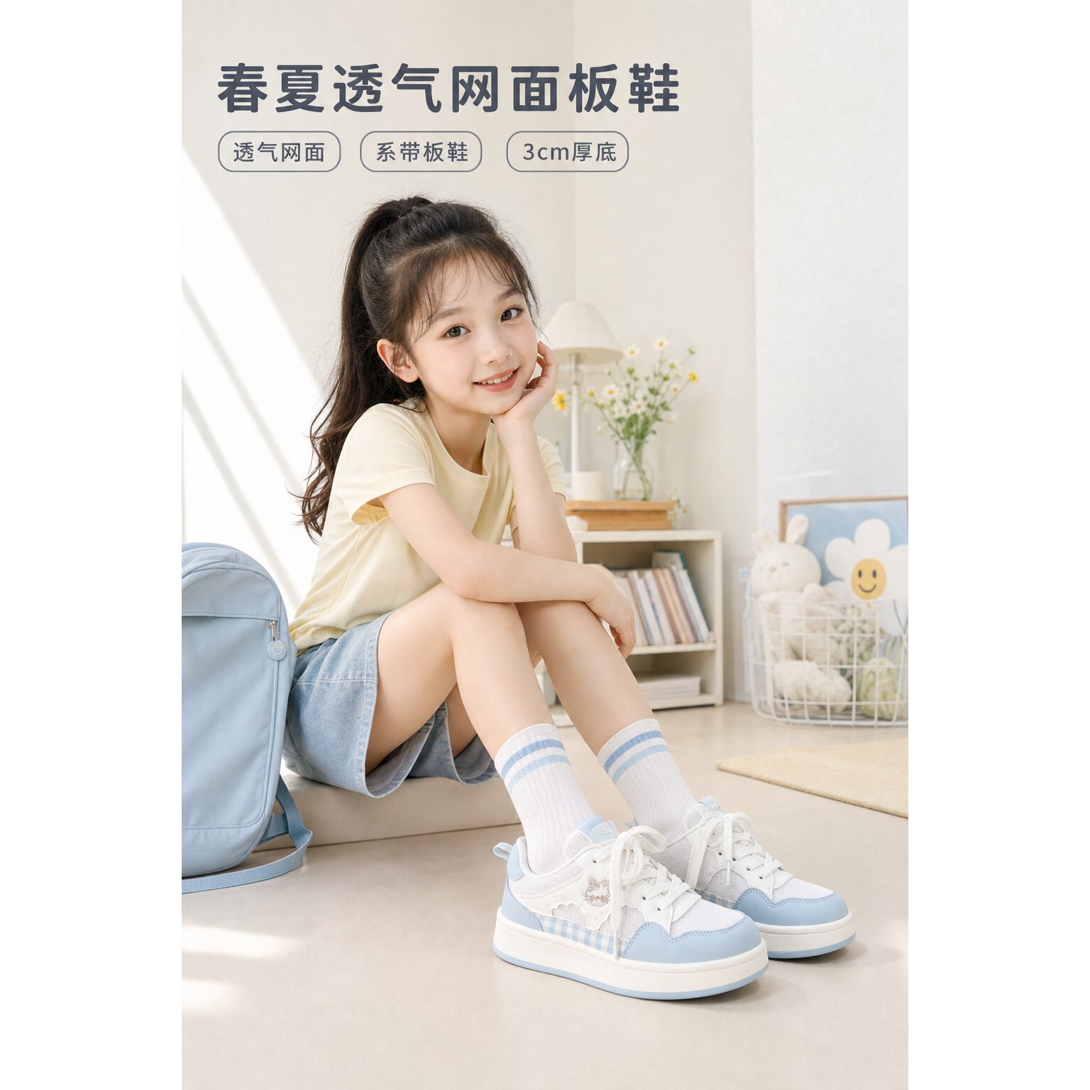 女童网布系带板鞋春季透气小白鞋学生休闲运动鞋百搭日常款穿搭