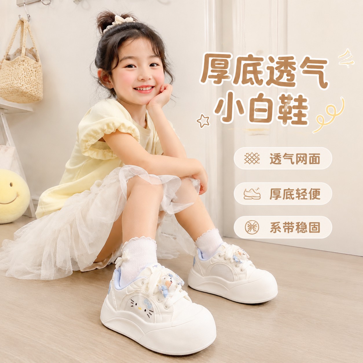 女童厚底小白鞋透气网面系带低帮运动休闲鞋春夏米色圆头日常鞋