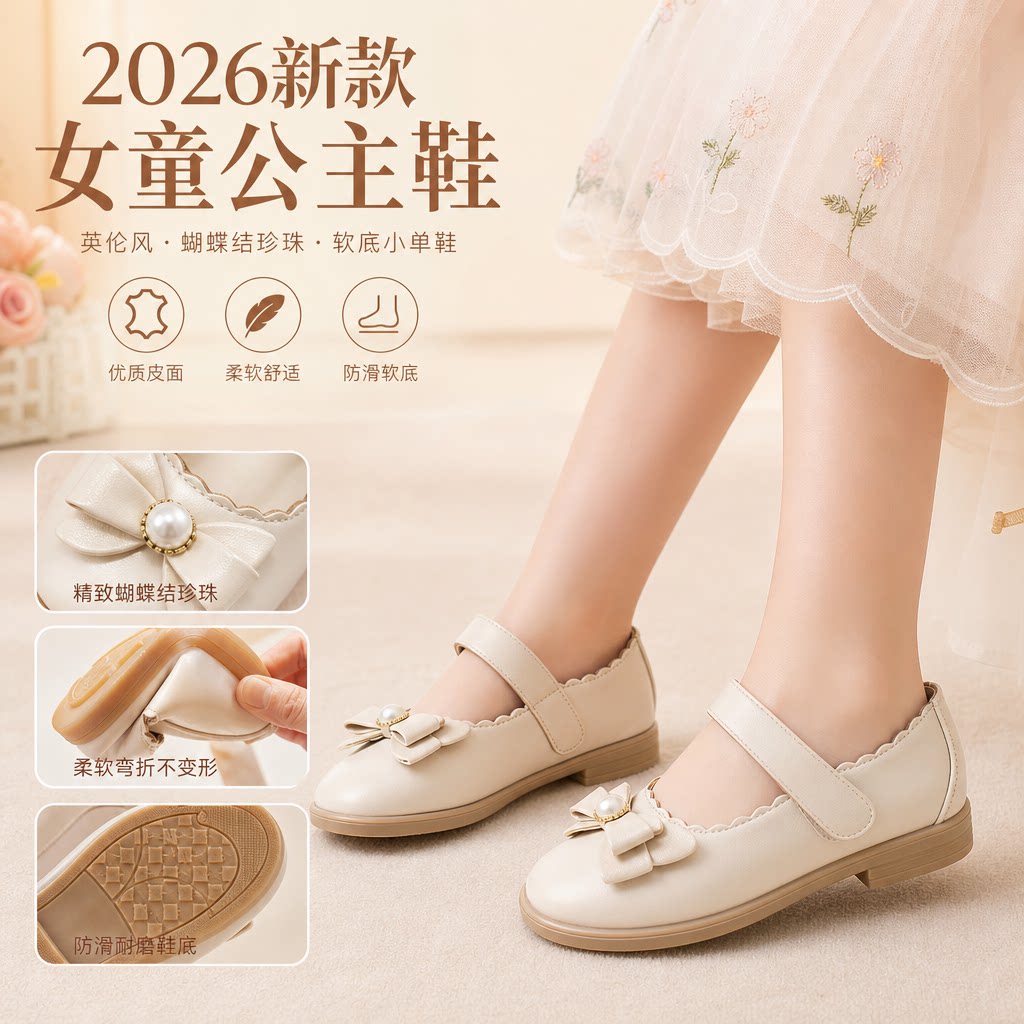 女童皮鞋2026新款儿童公主鞋春秋英伦风纯色蝴蝶结珍珠软底小单鞋