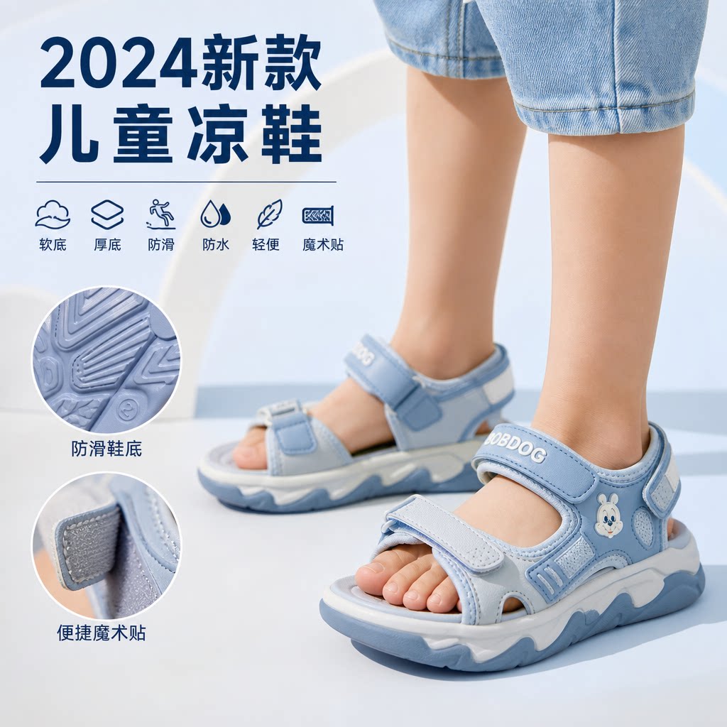 儿童凉鞋2024新款韩版潮流学生软底厚底防滑防水轻便魔术帖沙滩鞋