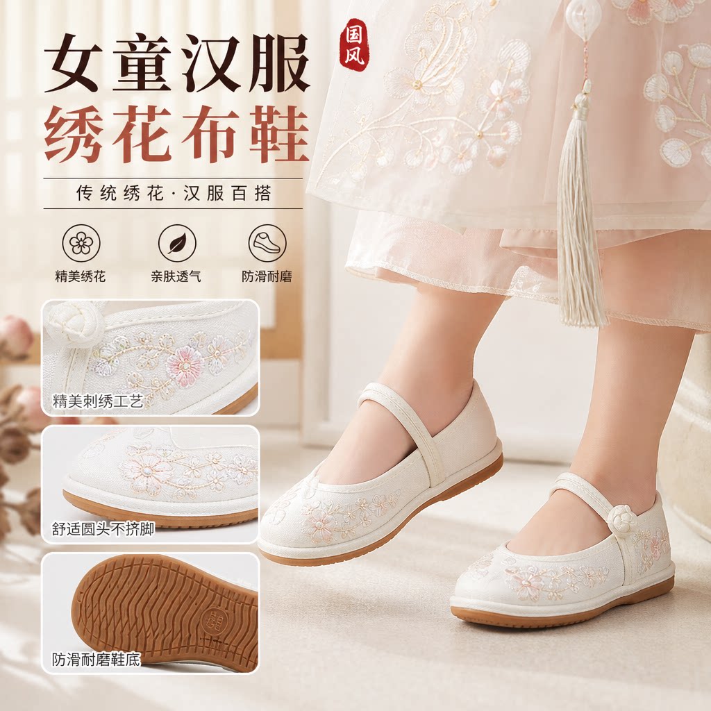 女童马面裙鞋子老北京传统布鞋舞蹈鞋小白鞋传统绣花鞋儿童汉服鞋
