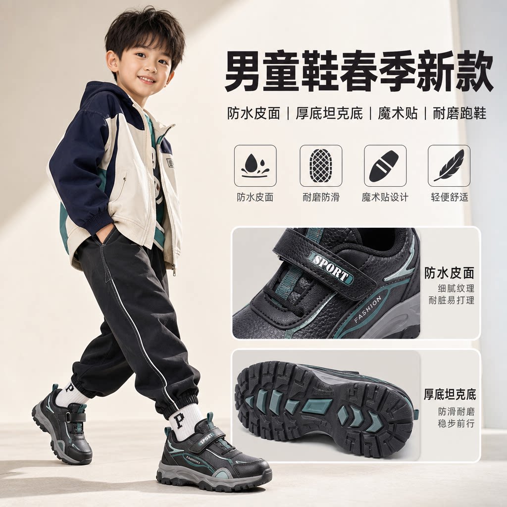 男童鞋春季新款防水皮面厚底运动鞋魔术帖耐磨学生跑鞋坦克底
