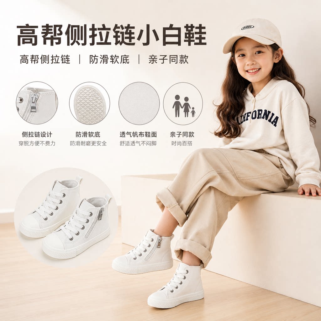 儿童帆布鞋亲子鞋高帮侧拉链防滑软底布鞋中大童鞋幼儿园小白鞋潮