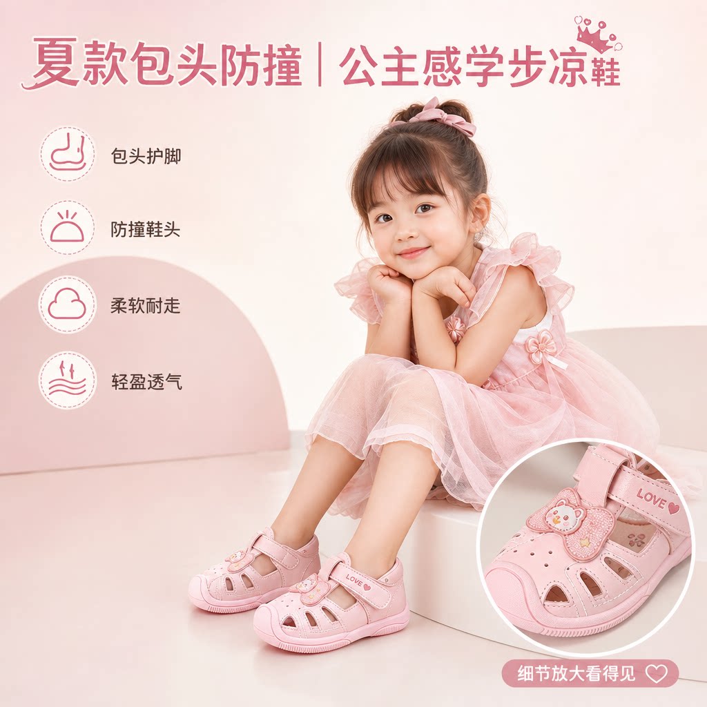 2022夏款包头宝宝凉鞋女童公主鞋子学步鞋卡通粉色防撞皮鞋韩版