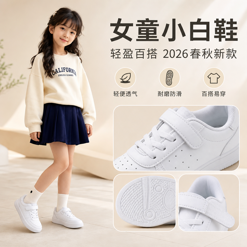 童鞋女童小白鞋2026春秋新款儿童夏季女孩运动鞋子秋款小学生板鞋