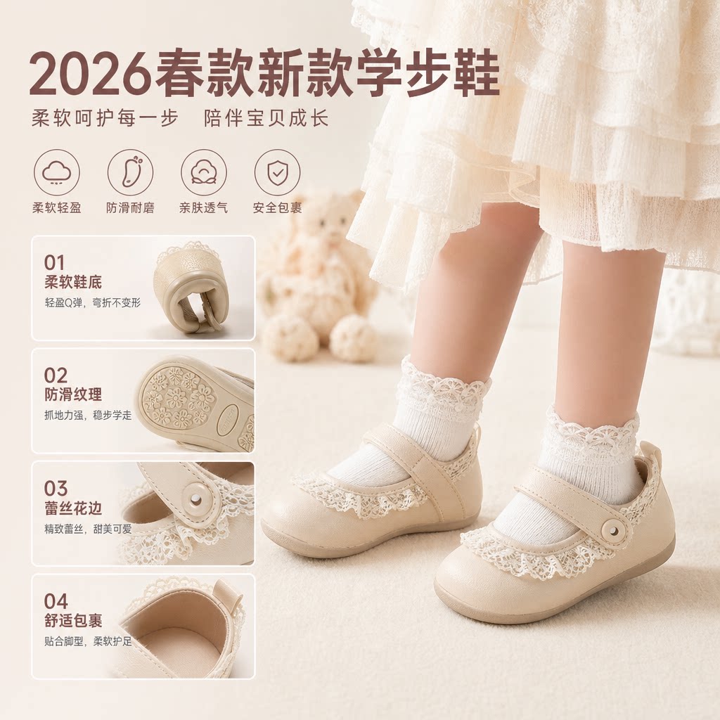 2026年春款新款学步鞋蕾丝花边小皮鞋女童软底宝宝鞋子防滑小单鞋